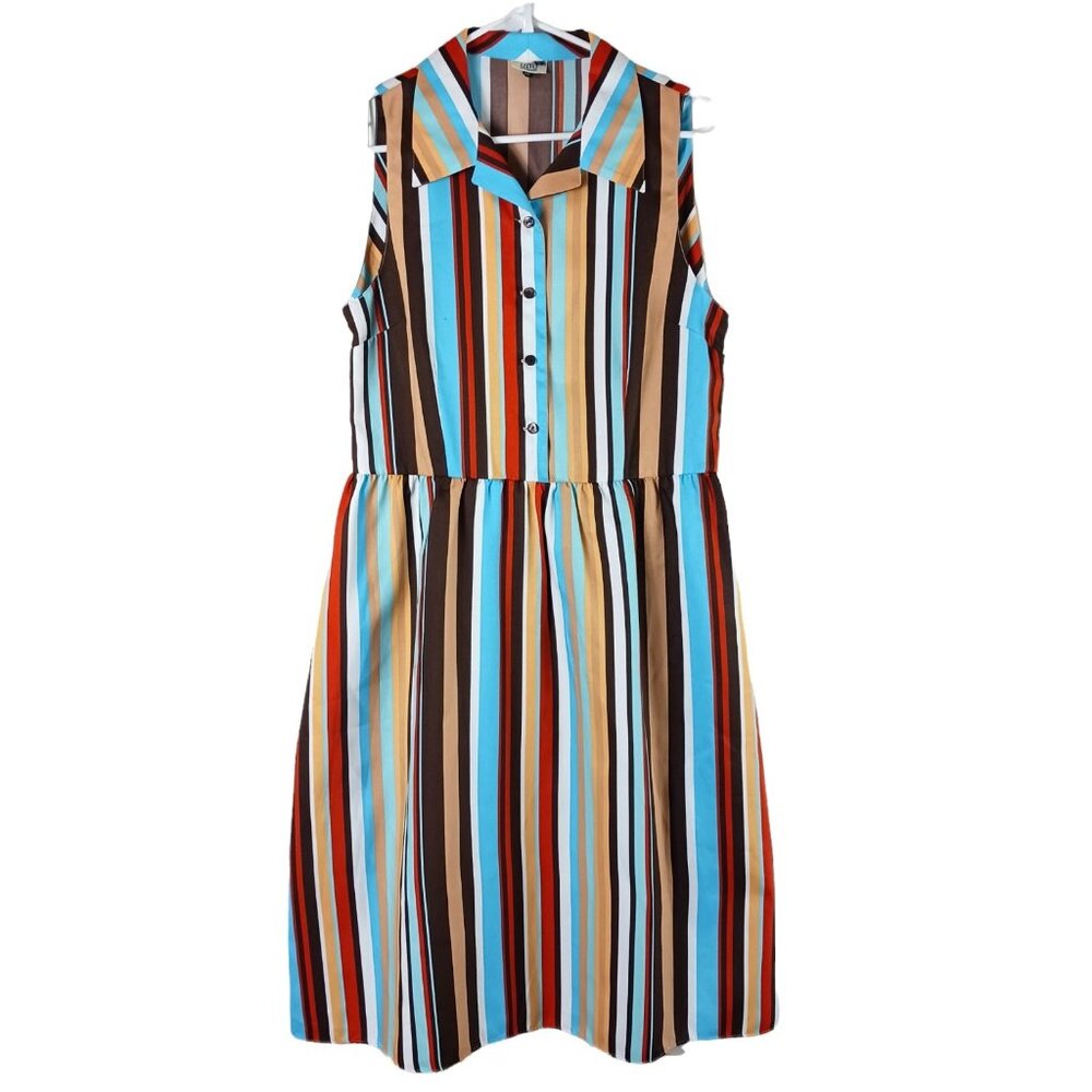 Womens Shirt Dress L Multicolor Striped Retro Mod 60s Sleeveless Y2K Vintage